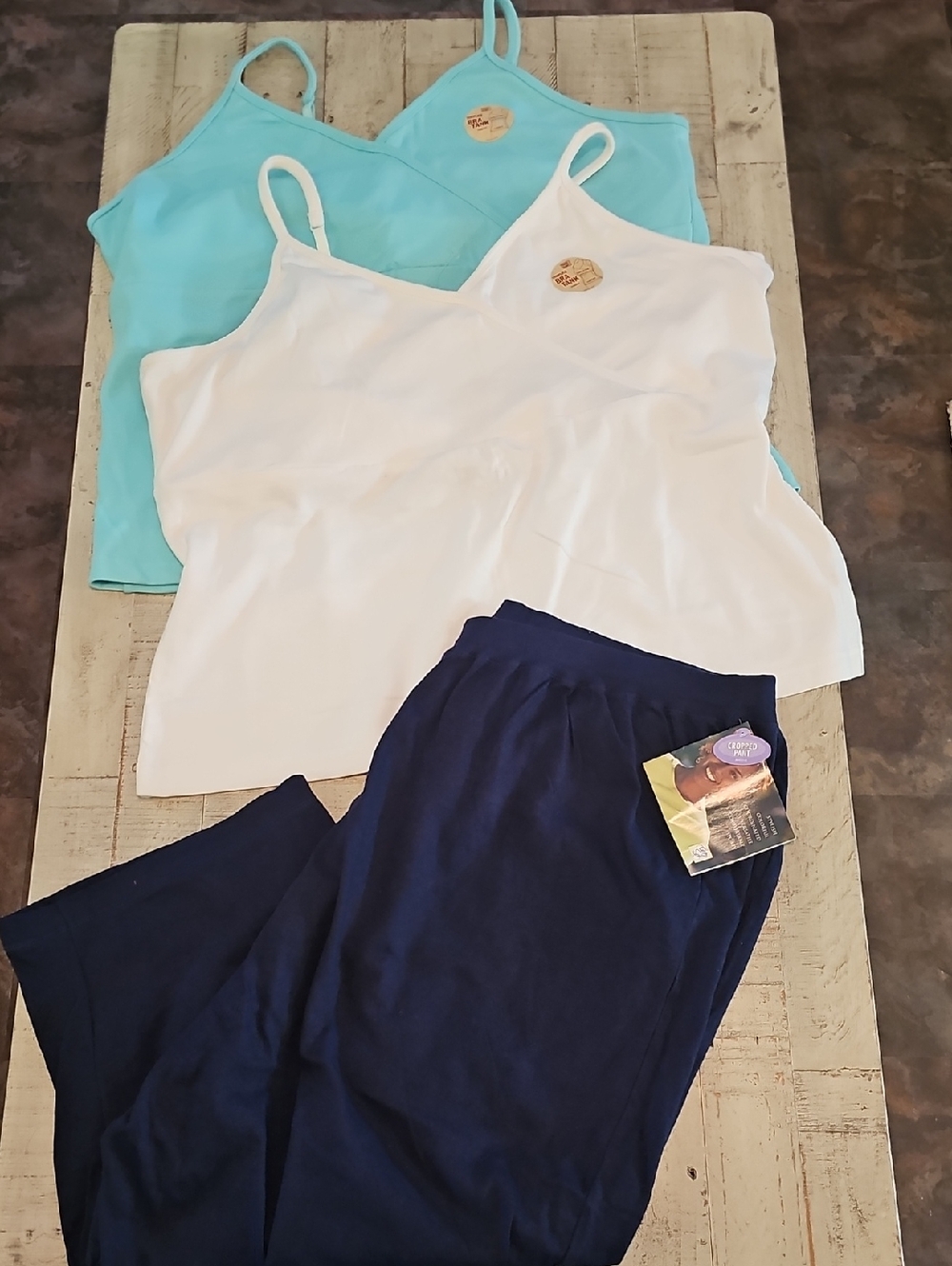 3-Piece Bundle Aqua, White Bra Tops & Navy Crop Pants